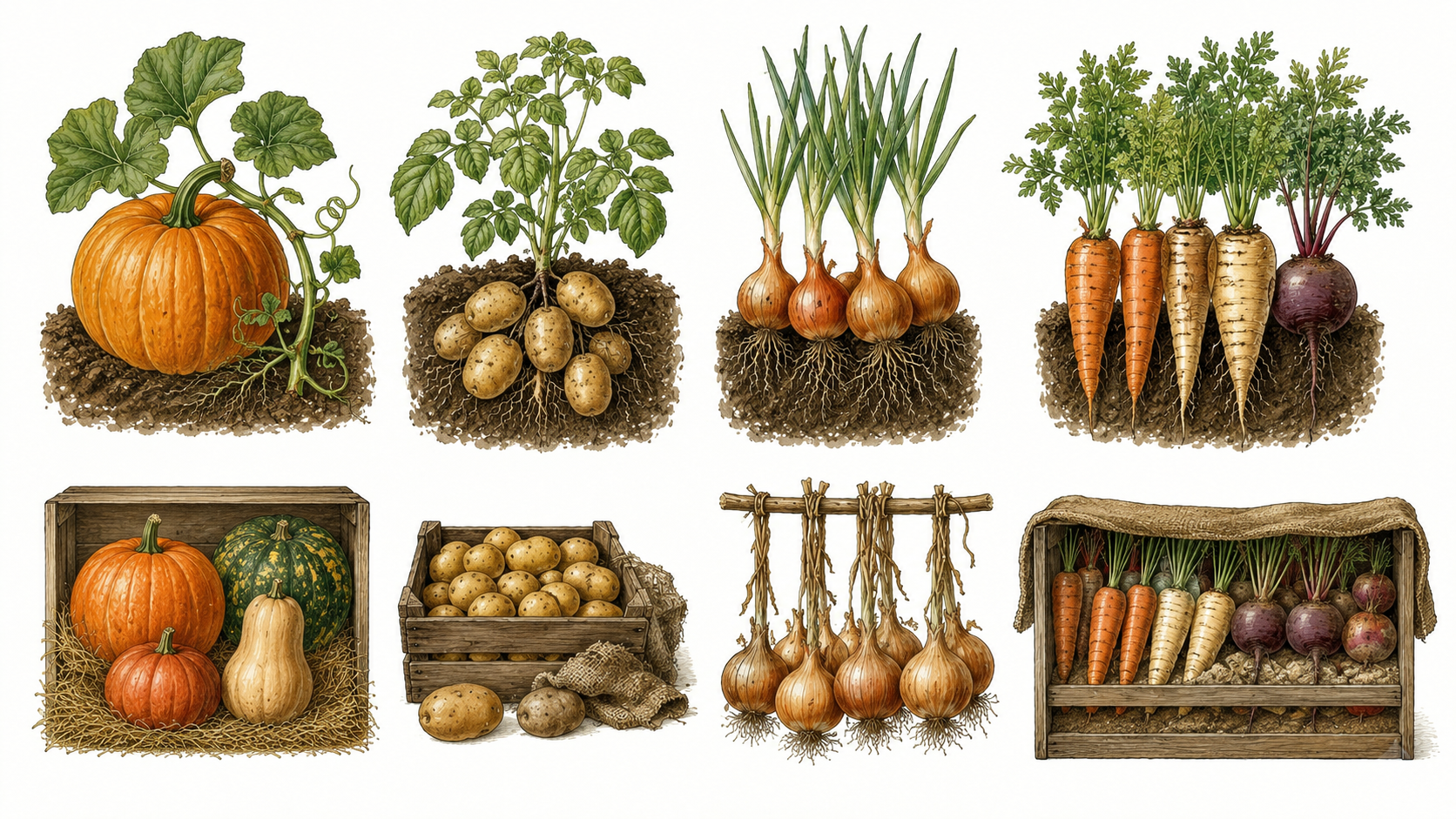 Botanical illustration of pumpkins, potatoes, onions, and root vegetables such as carrots, parsnips, and beetroot during