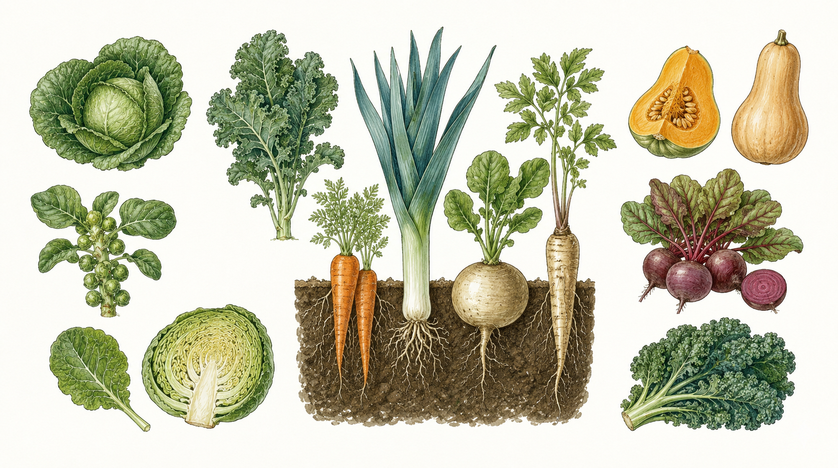 Botanische Illustration verschiedener Herbst- und Wintergemüse wie Grünkohl, Lauch, Möhren, Pastinaken, Rote Bete, Rosenkohl
