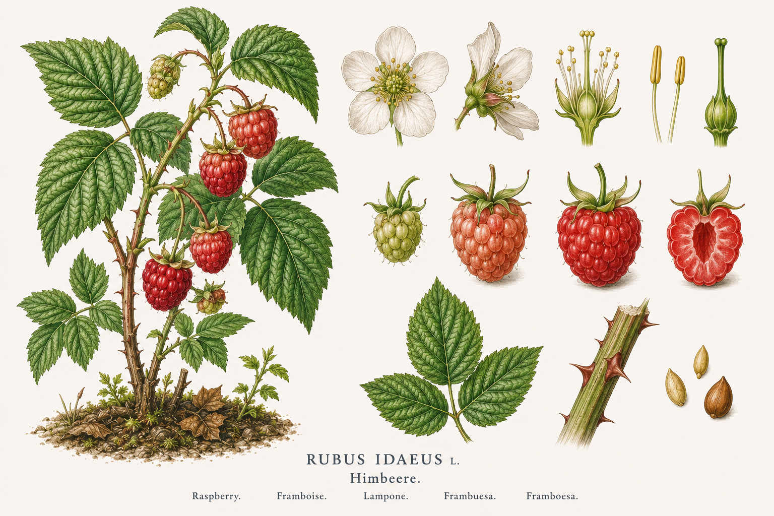 Raspberry plant card: Fruit, Rose family, Harvest Jun, Jul, Aug, Sep, Oct