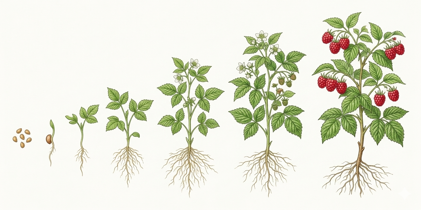 Cultivation timeline for Raspberry (Rubus idaeus) with sowing, planting, care, and harvest months