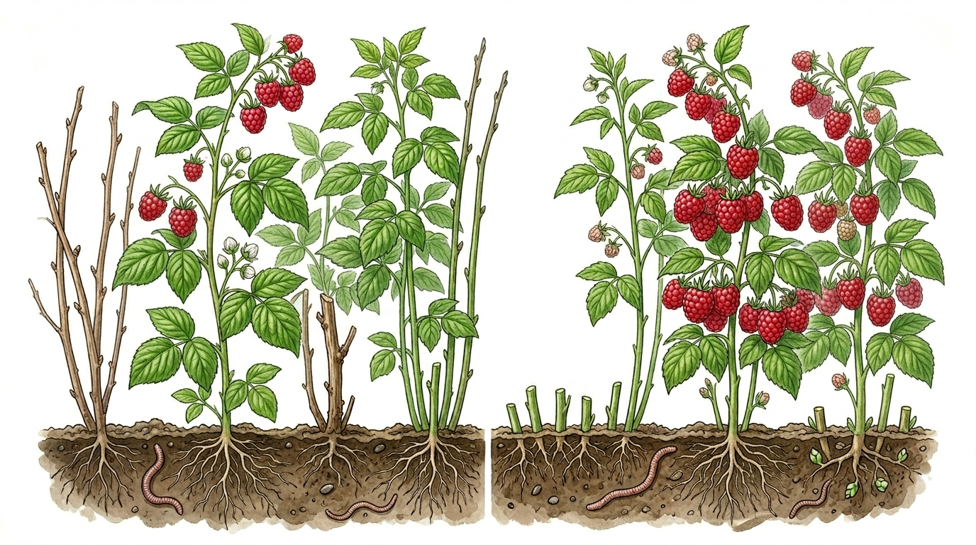 Botanische Illustration im Querschnitt, die im direkten Vergleich links Sommerhimbeeren mit zweijährigen Ruten und rechts