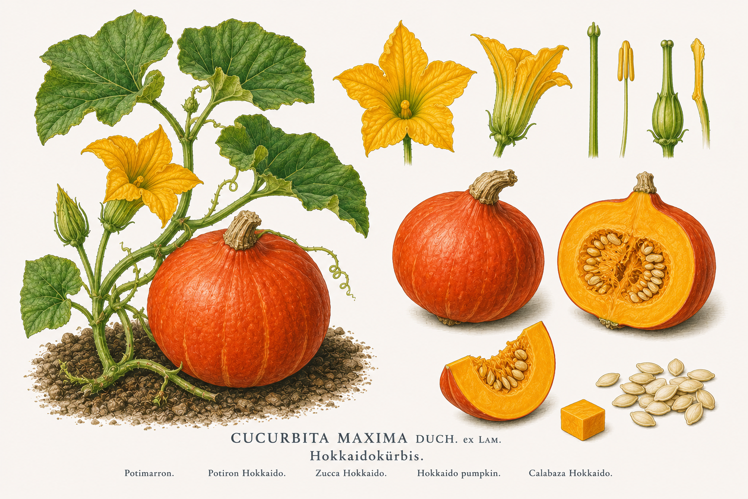 red kuri squash plant card: Vegetables, Gourd family, Harvest Sep, Oct, Nov