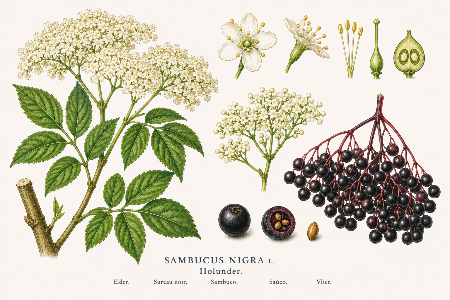 Sambucus plant card: Woody plants, Moschatel family, Harvest Jul, Aug, Sep