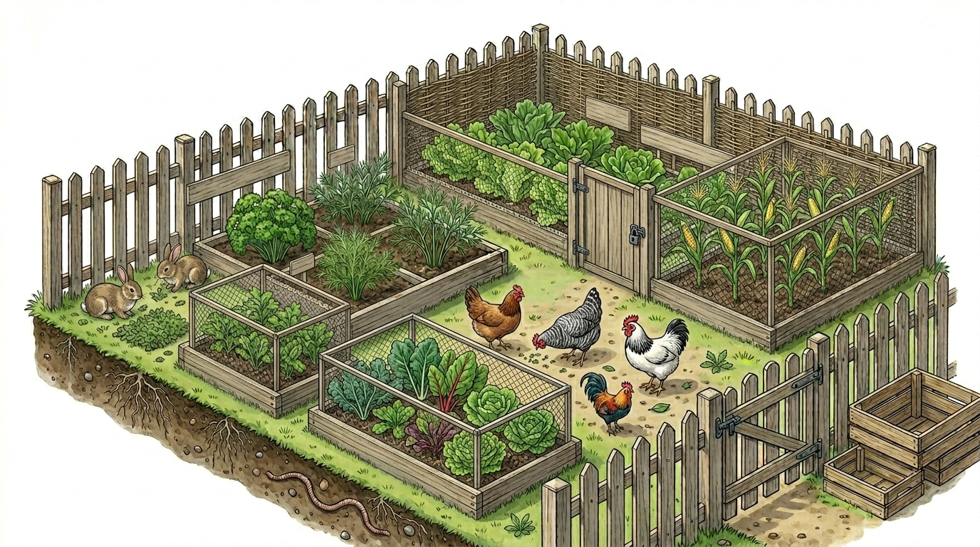 Botanische Illustration im Querschnitt, die ein hühnersicheres Garten-Layout zeigt: In der Mitte picken mehrere Hühner und