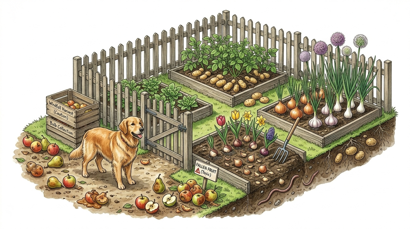 Botanische Illustration im Querschnitt, die ein hundefreundliches Garten-Layout zeigt: Links steht ein Golden Retriever auf