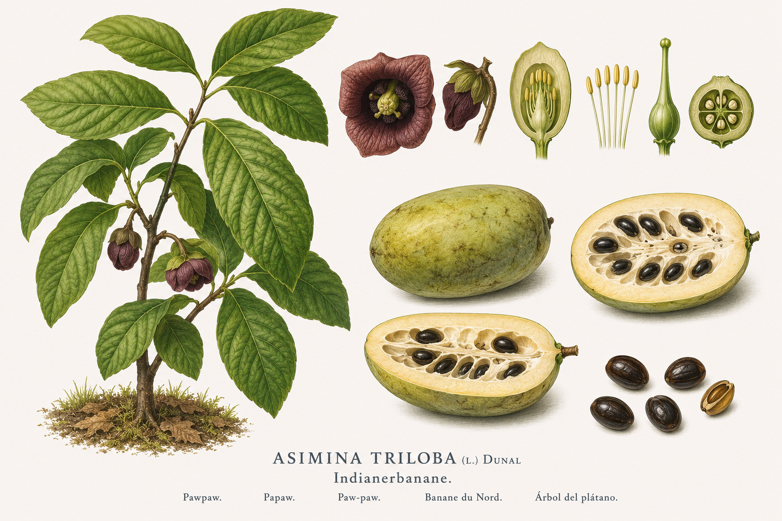 Indianerbanane (Asimina triloba): Pflanzenportrait für Pflanzenportrait - Obst, Annonengewächse, Sonnig bis halbschattig