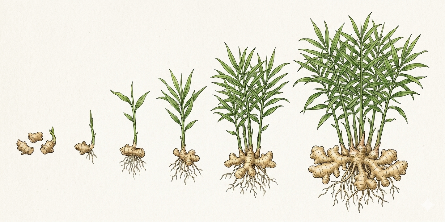 Cultivation timeline for Zingiber (Zingiber) with sowing, planting, care, and harvest months