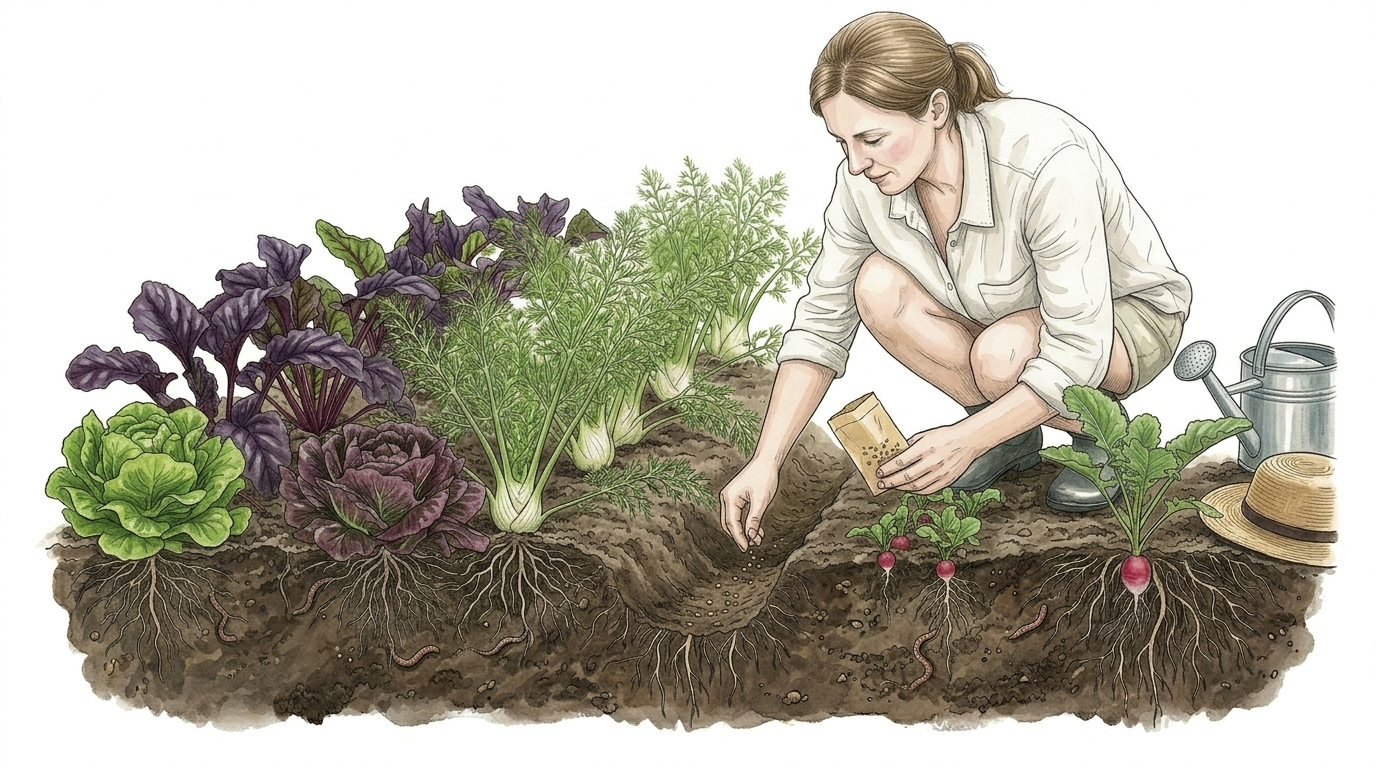 Botanische Illustration einer Frau, die in einem detaillierten Gartenbeet Samen pflanzt, umgeben von verschiedenen