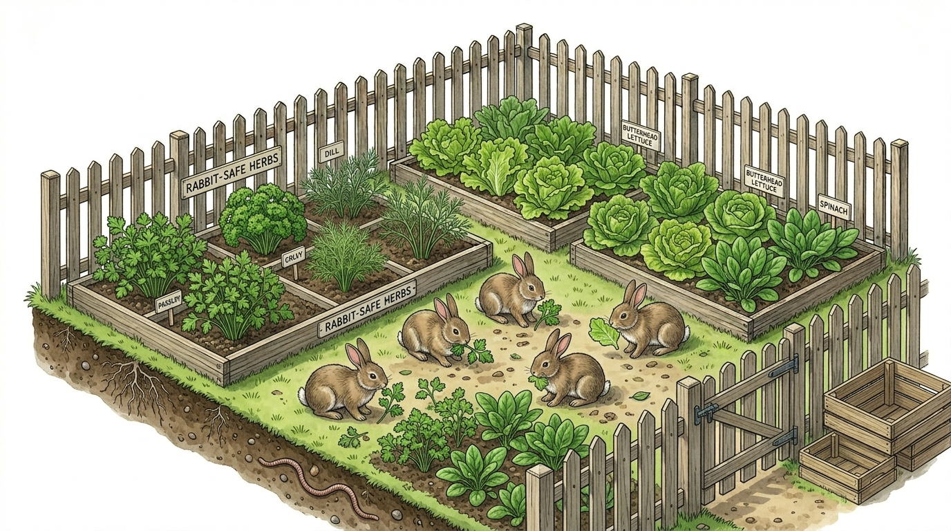 Botanische Illustration im Querschnitt, die ein kaninchensicheres Garten-Layout zeigt: In der Mitte fressen mehrere kleine