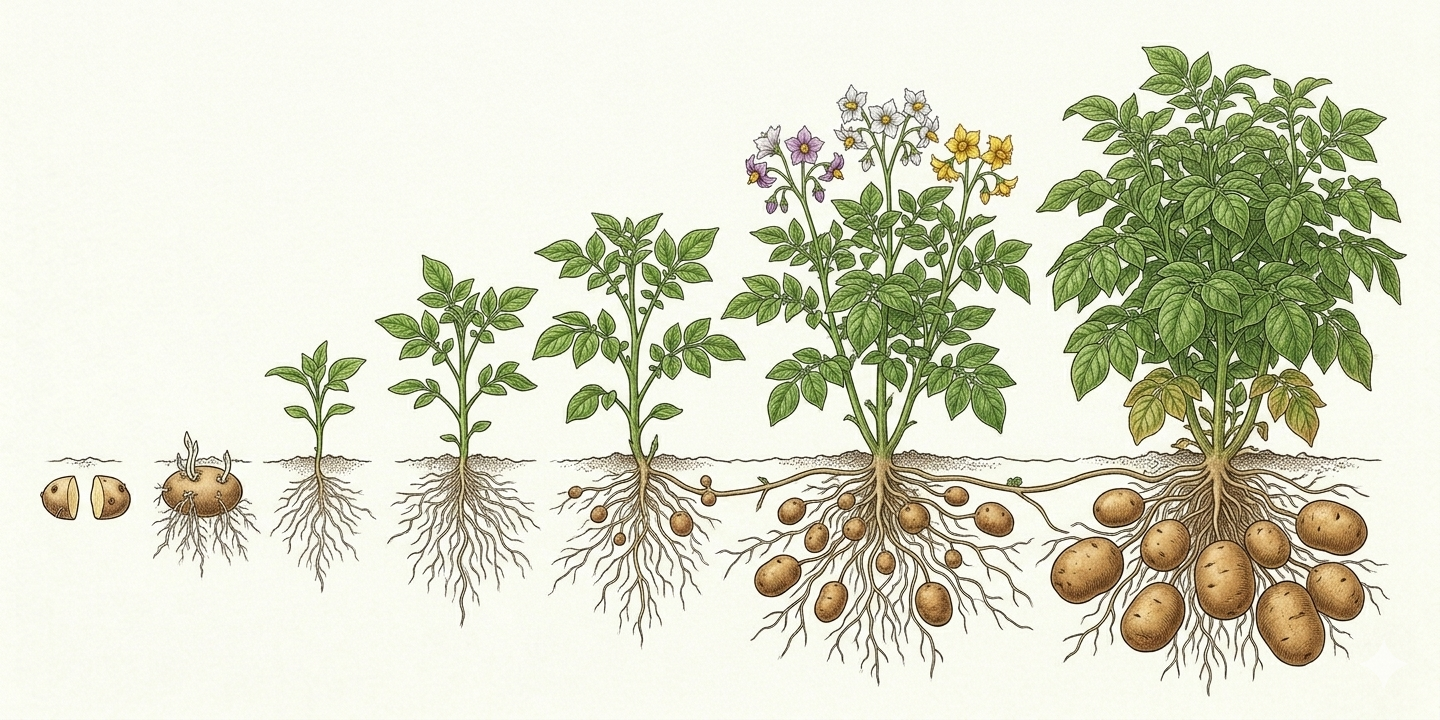 Anbau-Zeitplan für Kartoffel (Solanum tuberosum) mit Monaten für Aussaat, Pflanzung, Pflege und Ernte