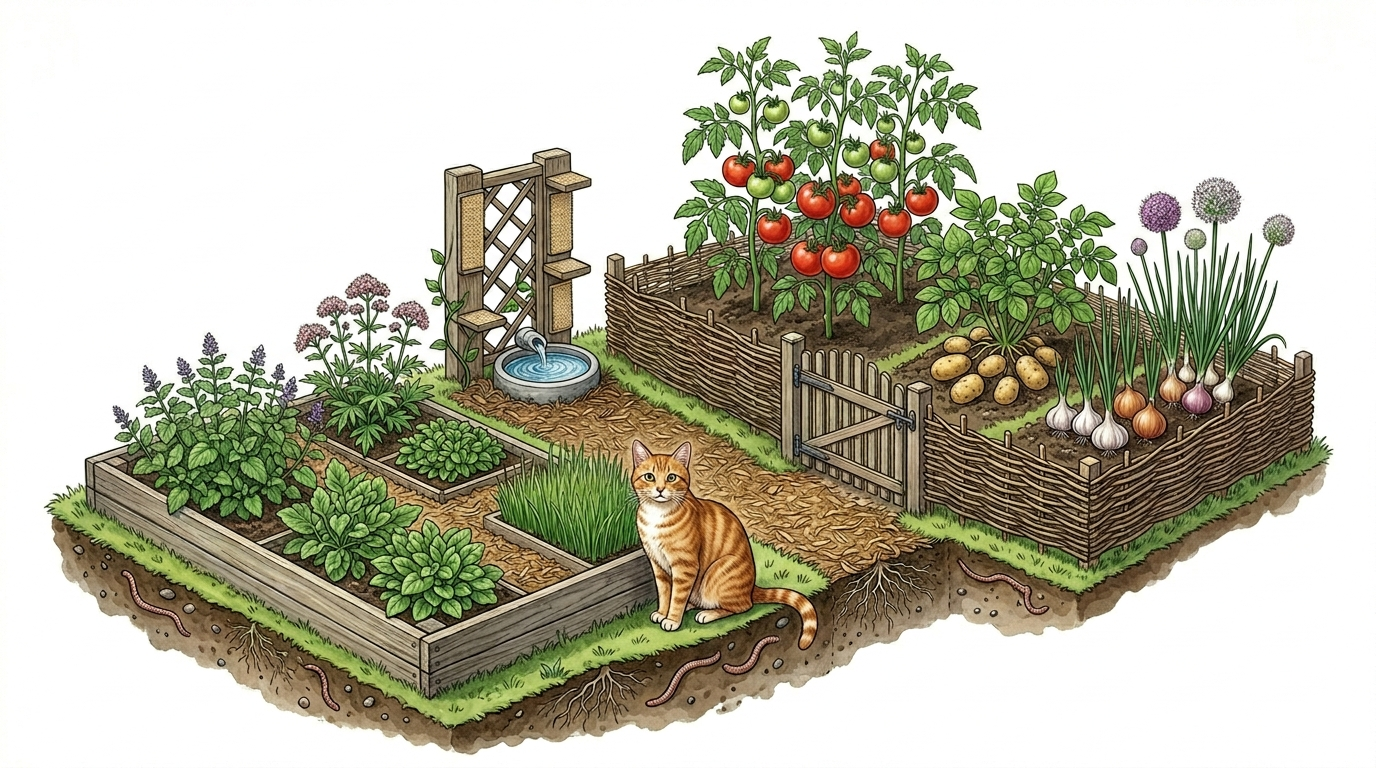 Botanische Illustration im Querschnitt, die ein katzenfreundliches Garten-Layout zeigt: Links ein sicherer Bereich mit