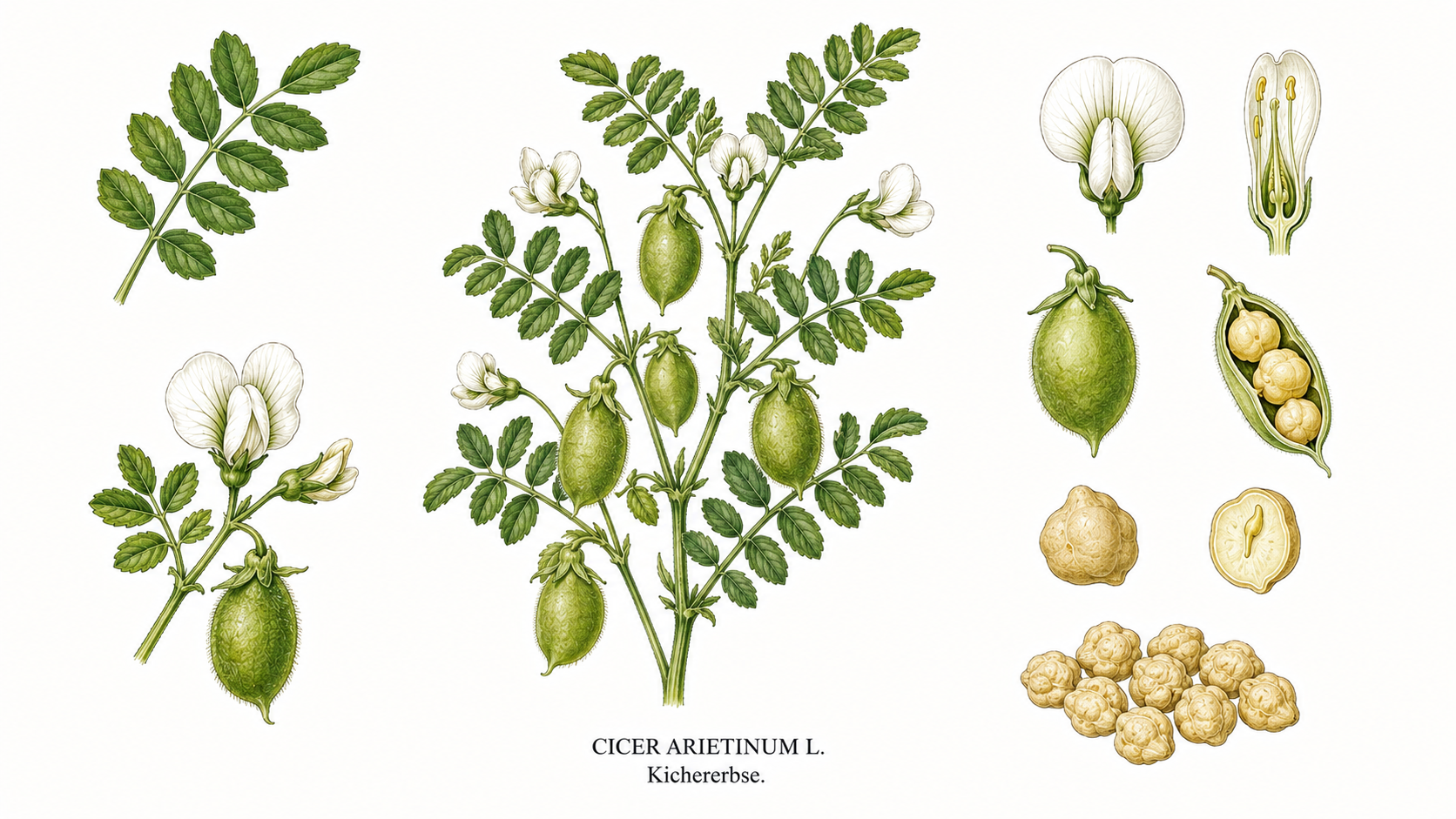 Kichererbse (Cicer arietinum): Pflanzenportrait für Pflanzenportrait - Gemüse, Hülsenfrüchtler, Ernten Jul, Aug, Sep