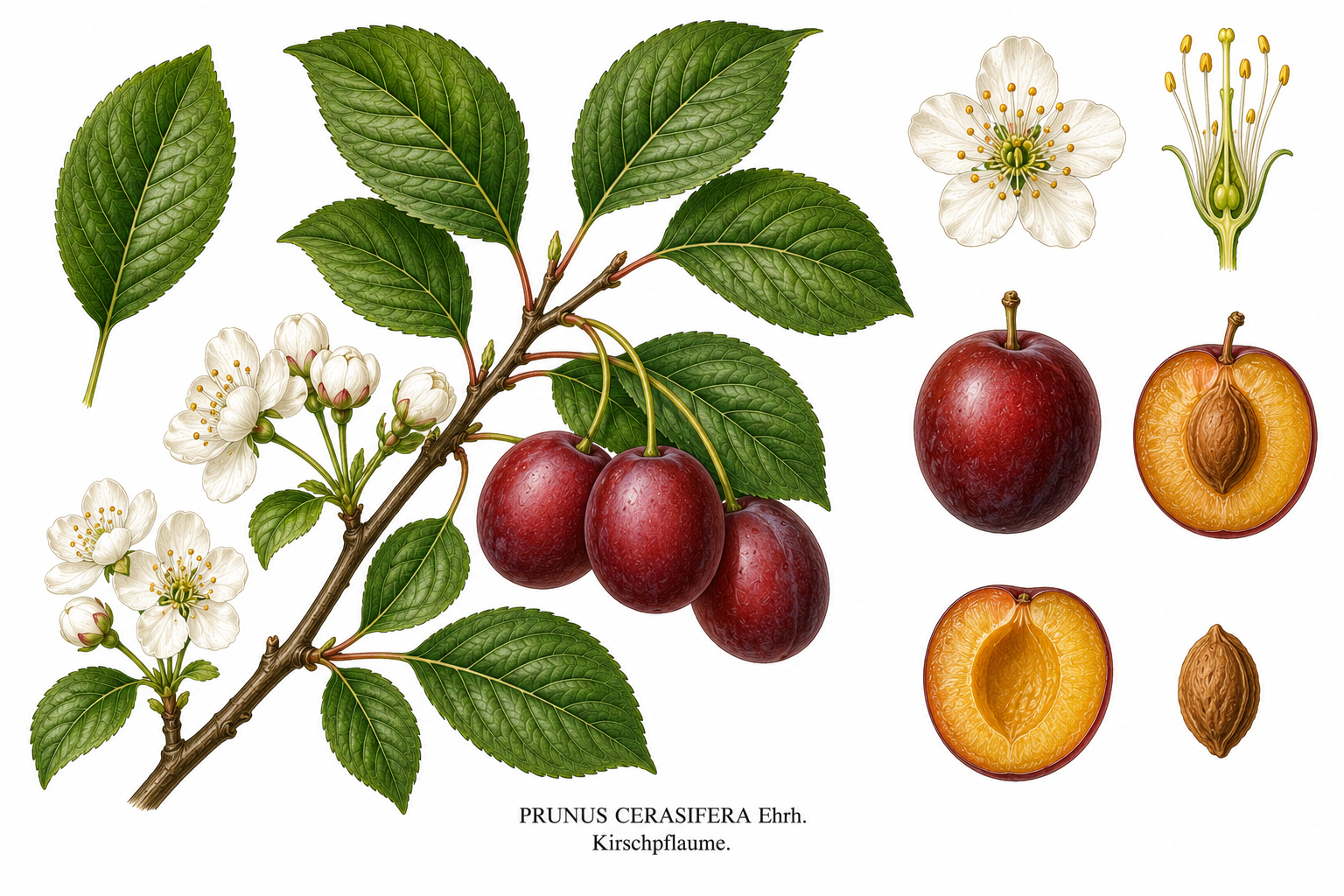 Cherry plum plant card: Fruit shrub/tree, Rose family, Harvest Jun, Jul, Aug