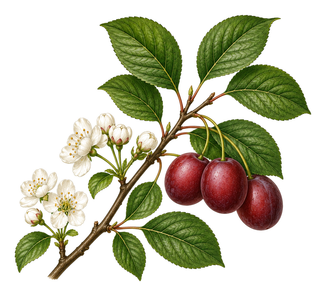 Cherry plum (Prunus cerasifera): whole plant for plant portrait - Stone fruit, Rose family, Harvest June - August