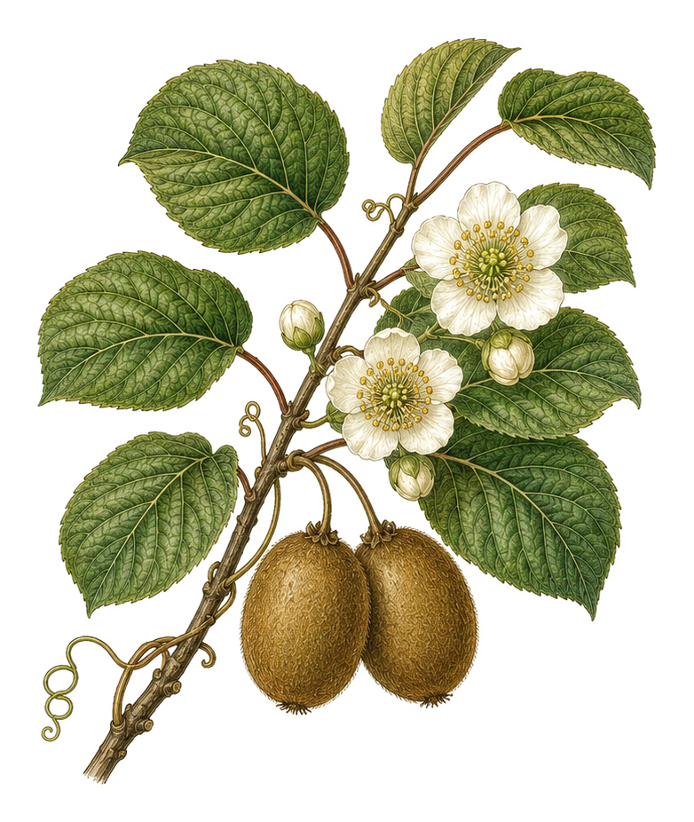 Kiwi (Actinidia chinensis): Ganze Pflanze für Pflanzenportrait - Obst, Strahlengriffelgewächse, Ernten Oktober - November