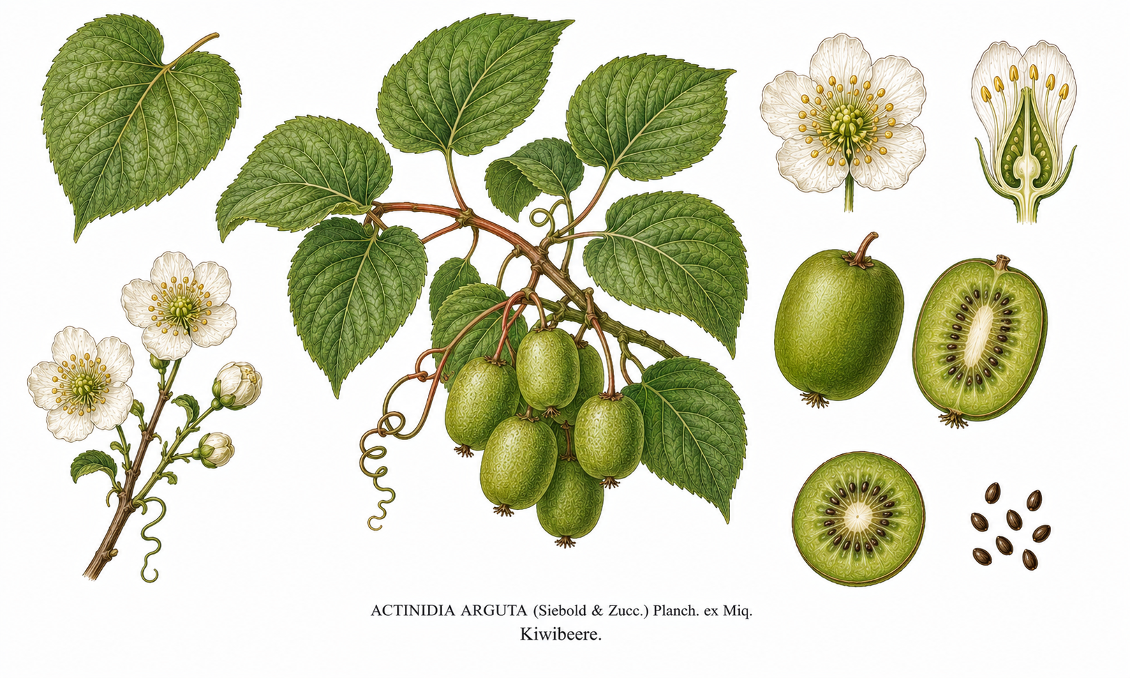 Kiwibeere (Actinidia arguta): Pflanzenportrait für Pflanzenportrait - Obst, Strahlengriffelgewächse, Ernten Sep, Okt