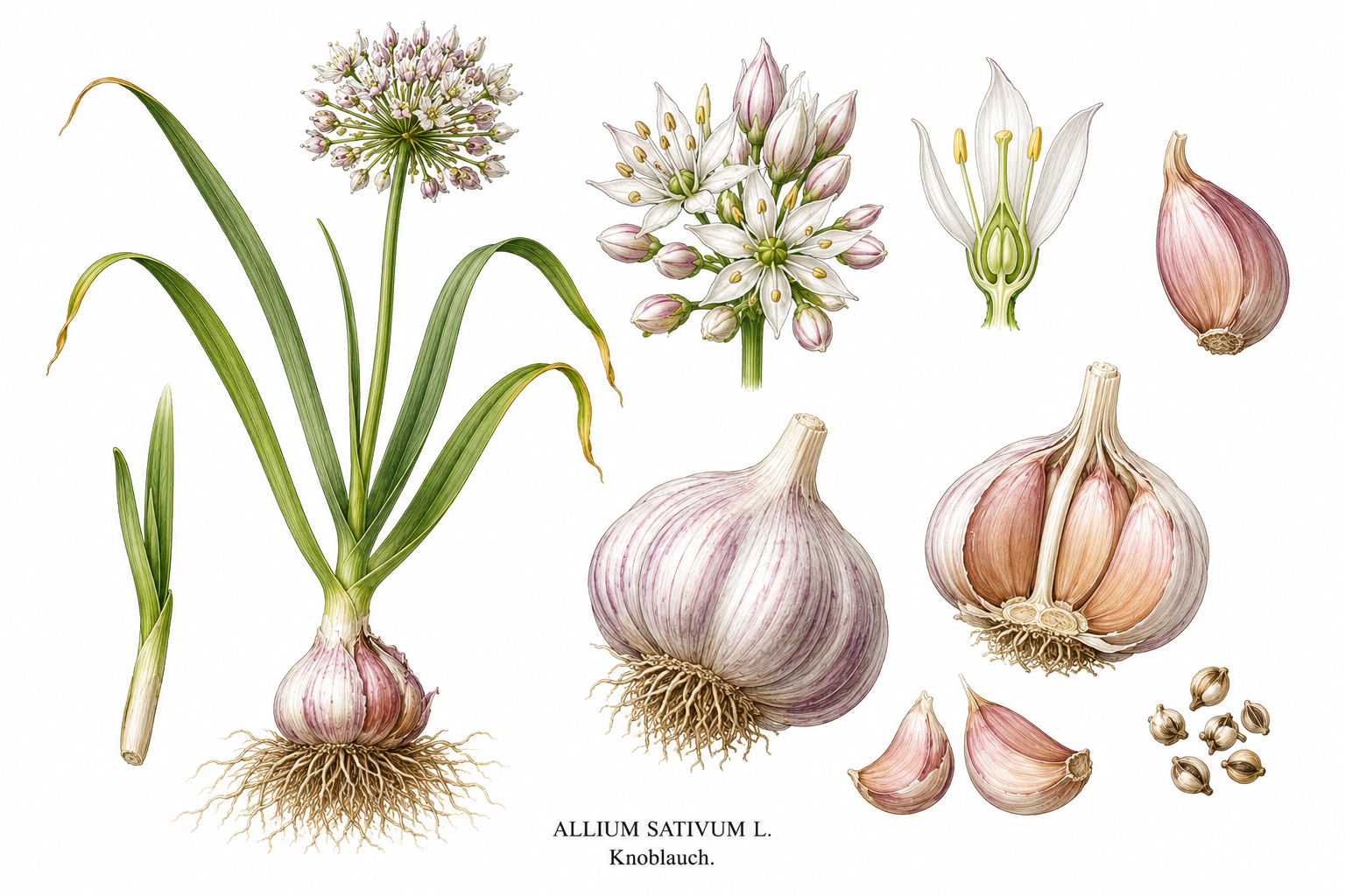 Garlic plant card: Vegetables, Amaryllidaceae, Harvest Jun, Jul, Aug