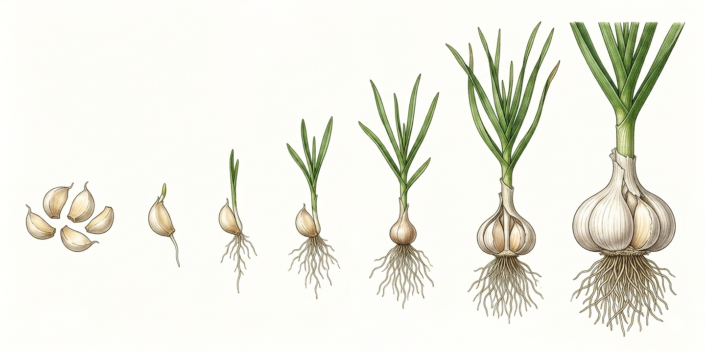 Anbau-Zeitplan für Knoblauch (Allium sativum) mit Monaten für Aussaat, Pflanzung, Pflege und Ernte