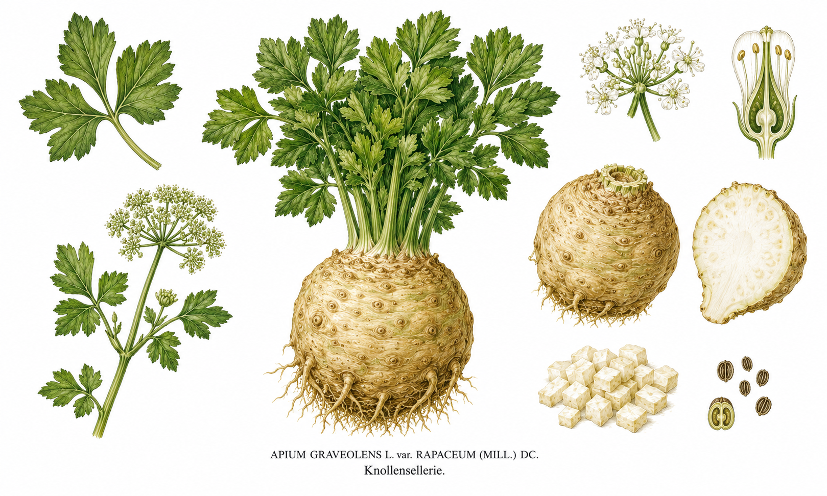 Knollensellerie (Apium graveolens var. rapaceum): Pflanzenportrait für Pflanzenportrait - Gemüse, Doldenblütler, Ernten Aug