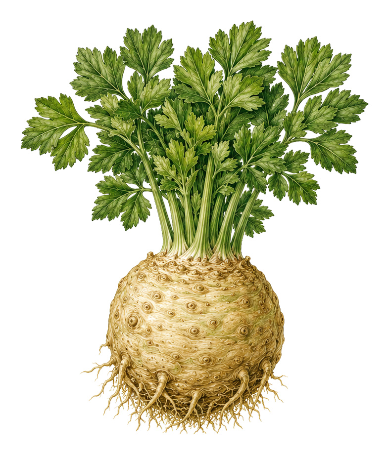 celeriac (Apium graveolens var. rapaceum): whole plant for plant portrait - Root vegetables, Carrot family, Harvest August