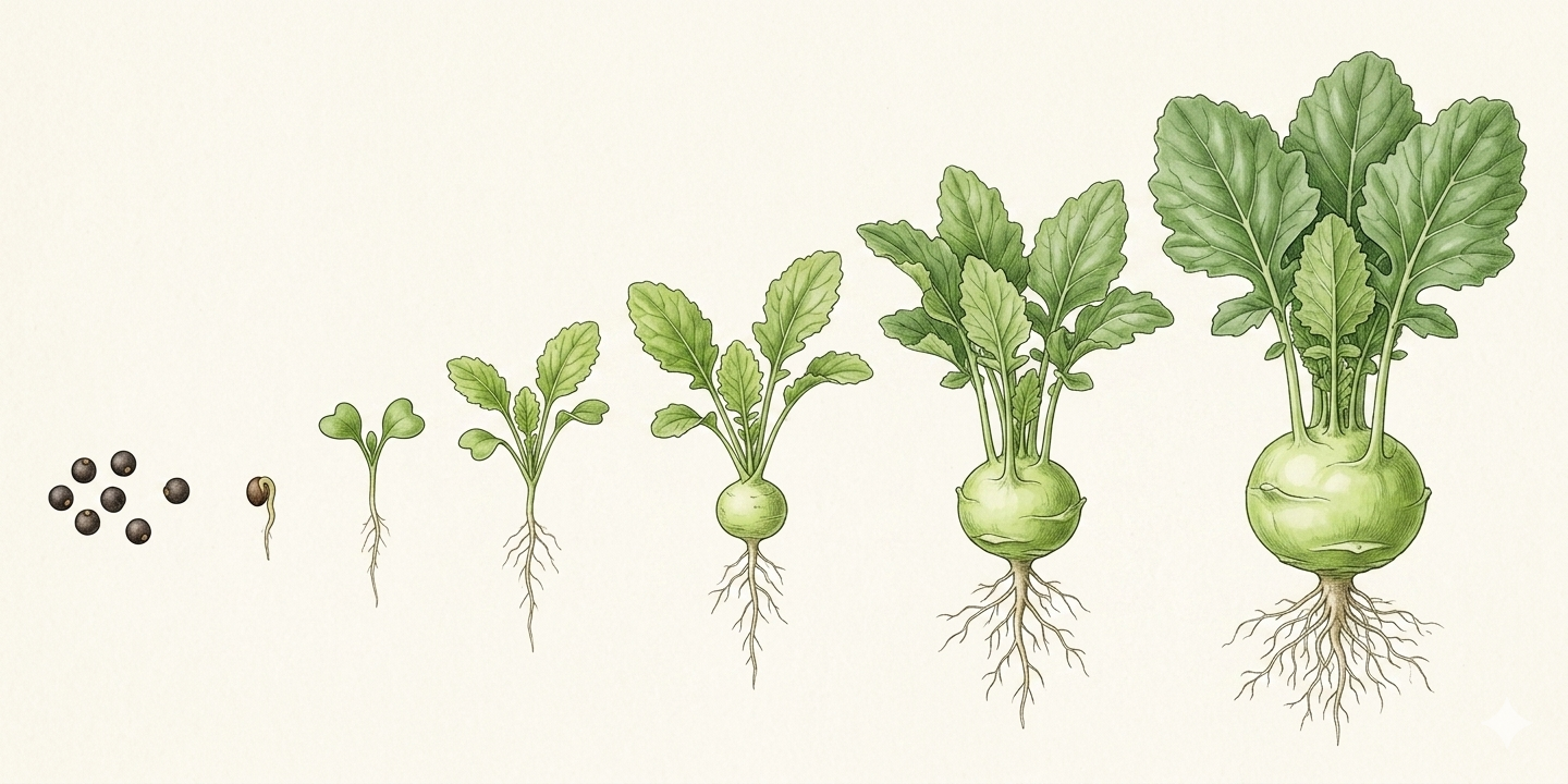 Anbau-Zeitplan für Kohlrabi (Brassica oleracea var. gongylodes) mit Monaten für Aussaat, Pflanzung, Pflege und Ernte