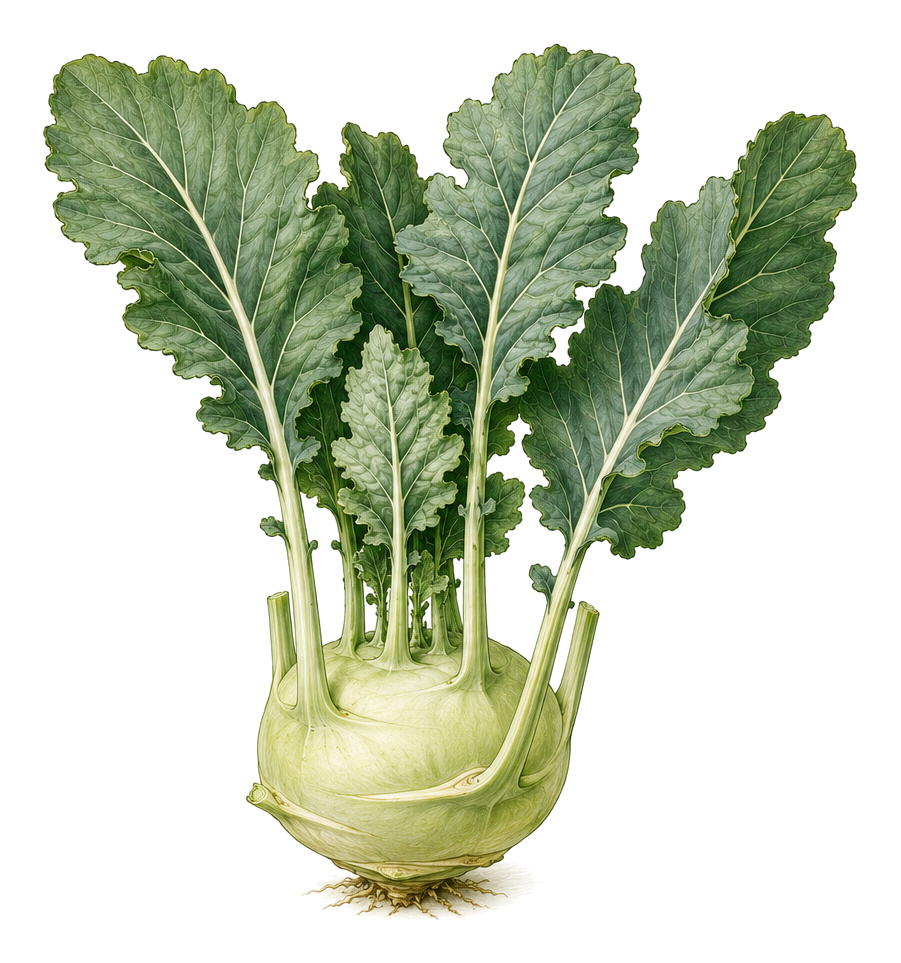 kohlrabi (Brassica oleracea var. gongylodes): whole plant for plant portrait - Vegetables, Cabbage family, Harvest May