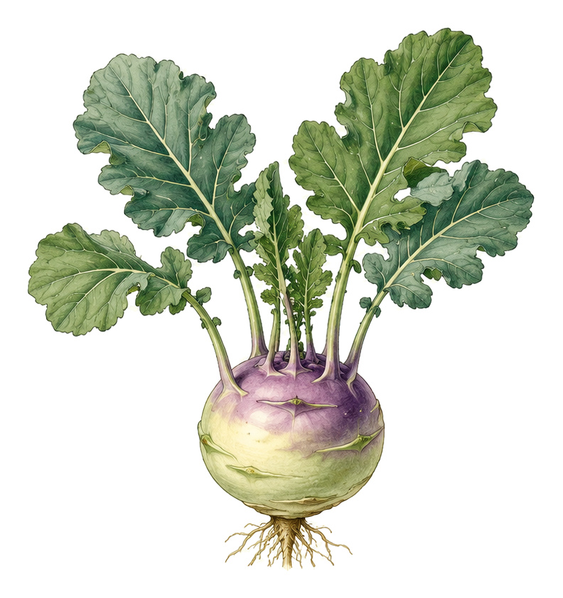Rutabaga (Brassica oleracea var. gongylodes): whole plant for plant portrait - Cabbages, Cabbage family, Harvest May
