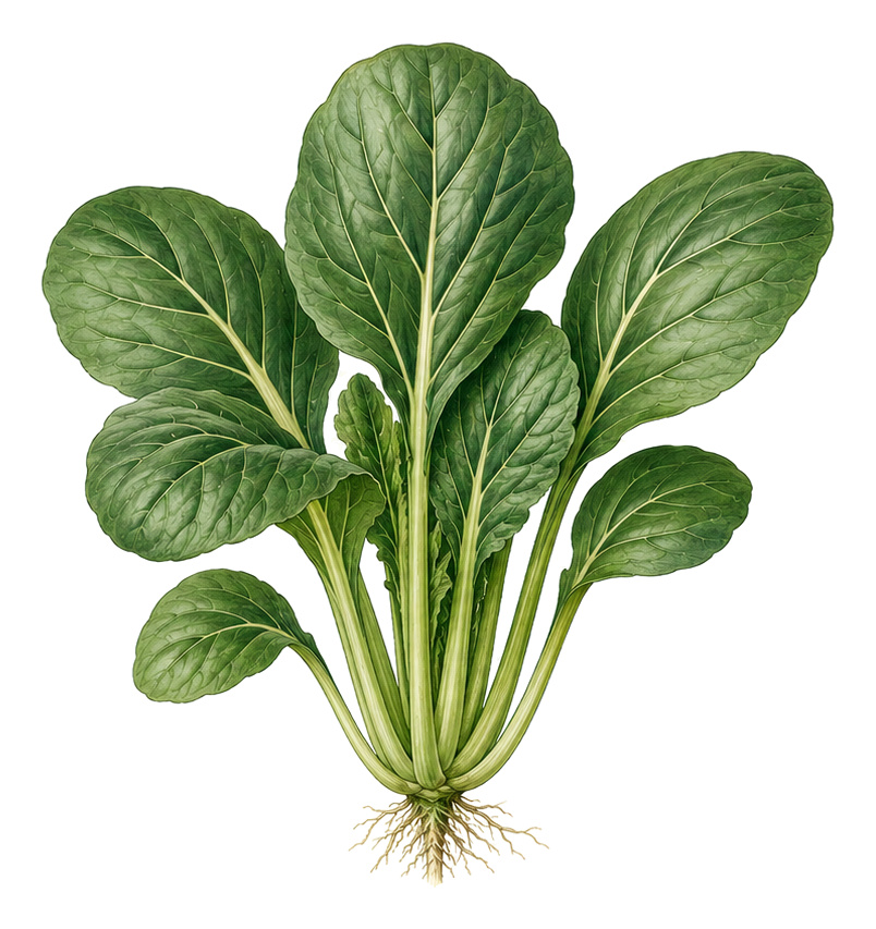 Komatsuna (Brassica rapa var. perviridis): whole plant for plant portrait - Brassicas, Cabbage family, Harvest May - November