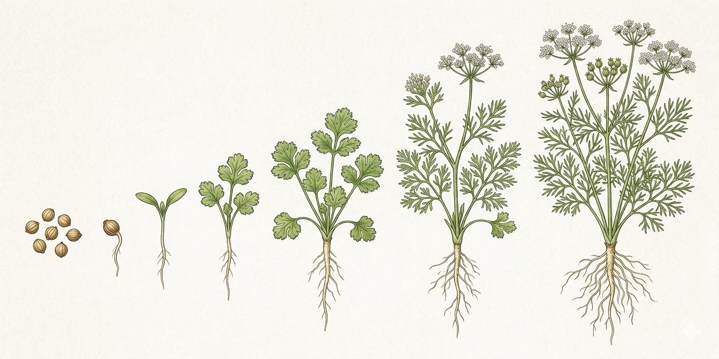 Cultivation timeline for Coriander (Coriandrum sativum) with sowing, planting, care, and harvest months