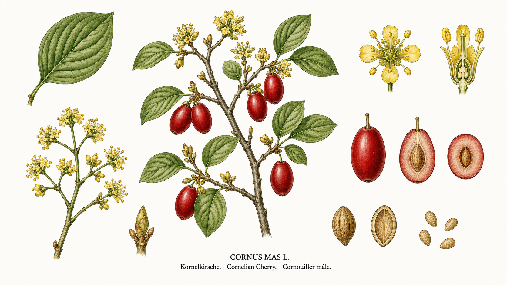 Cornelian cherry plant card: Nuts, Dogwood family, Harvest Aug, Sep