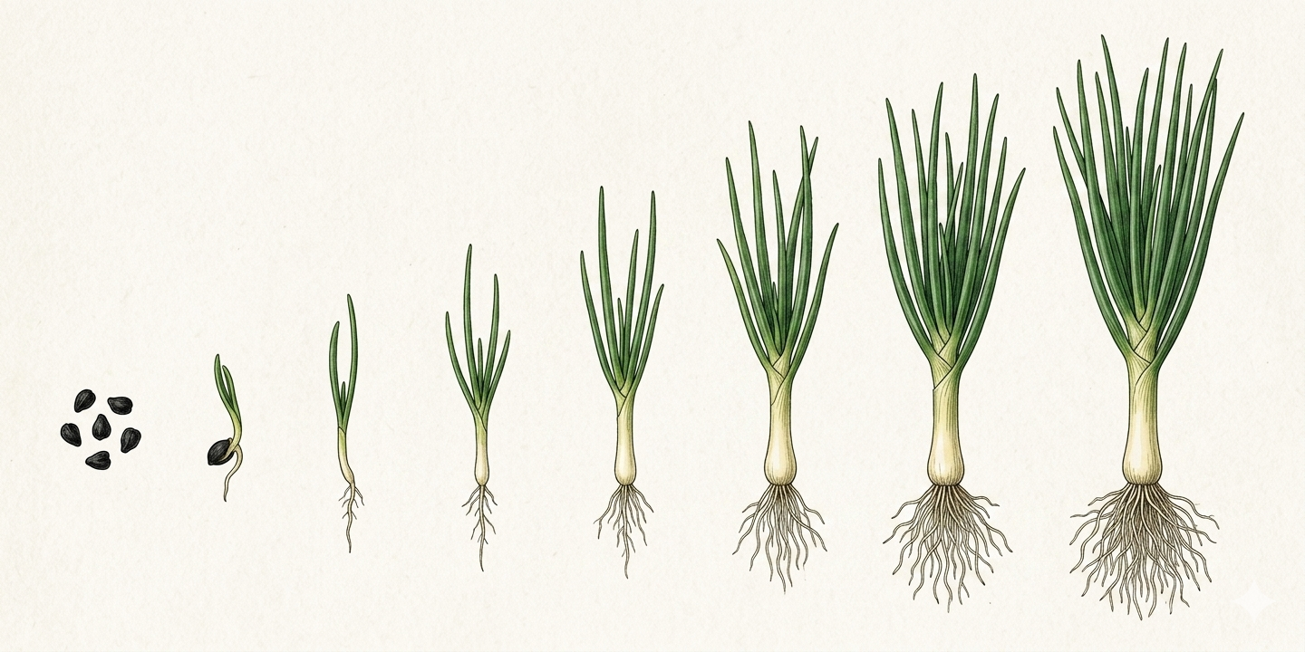 Cultivation timeline for Welsh onion (Allium fistulosum) with sowing, planting, care, and harvest months