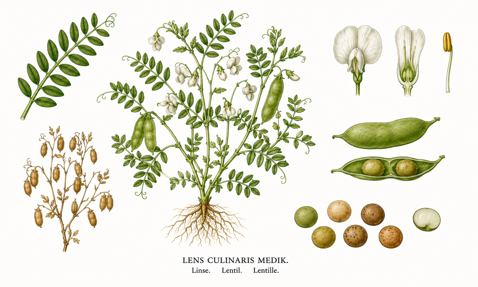 Lentil plant card: Legumes, Pea family, Harvest Jul, Aug, Sep