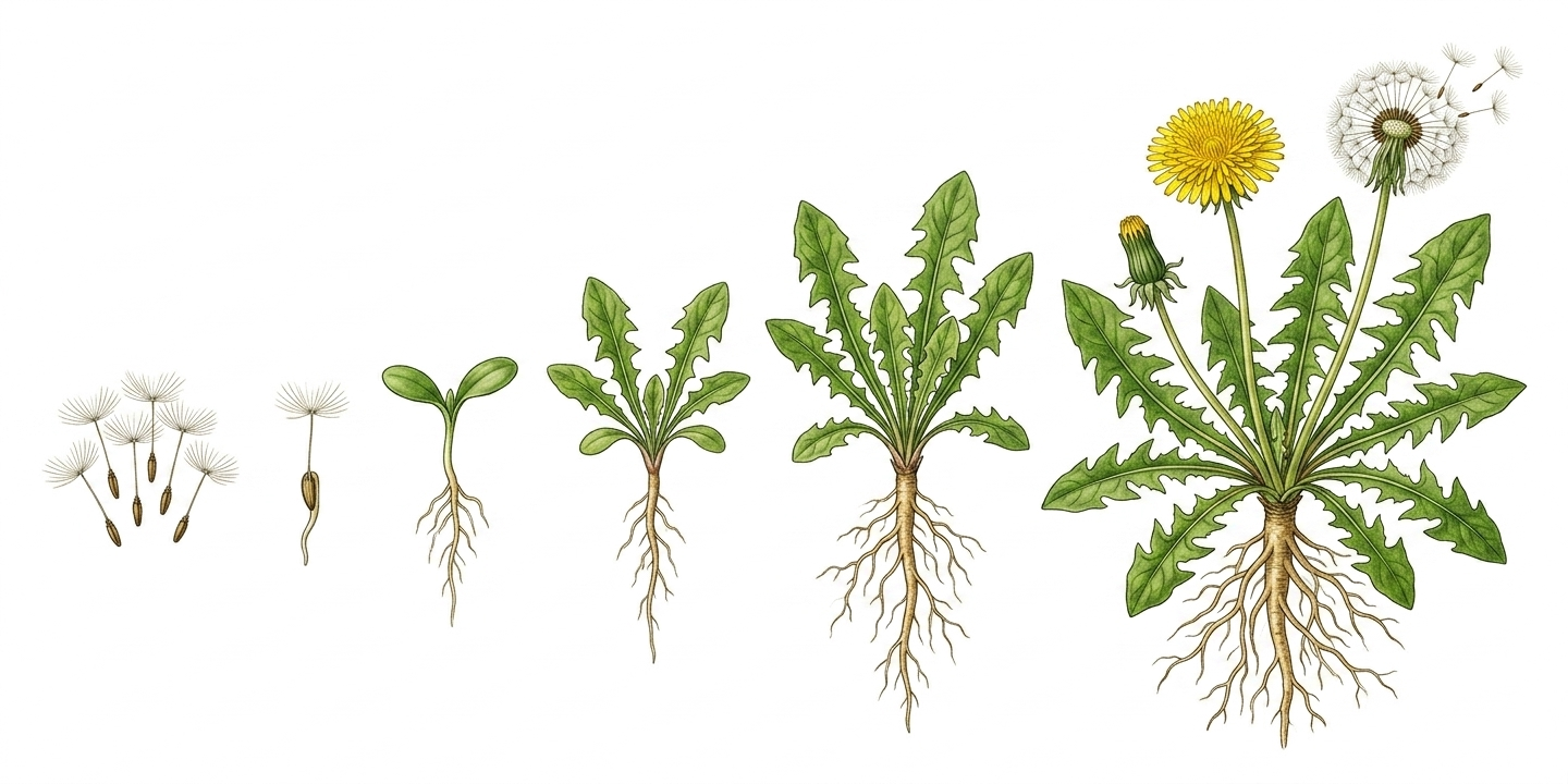 Cultivation timeline for Dandelion (Taraxacum) with sowing, planting, care, and harvest months