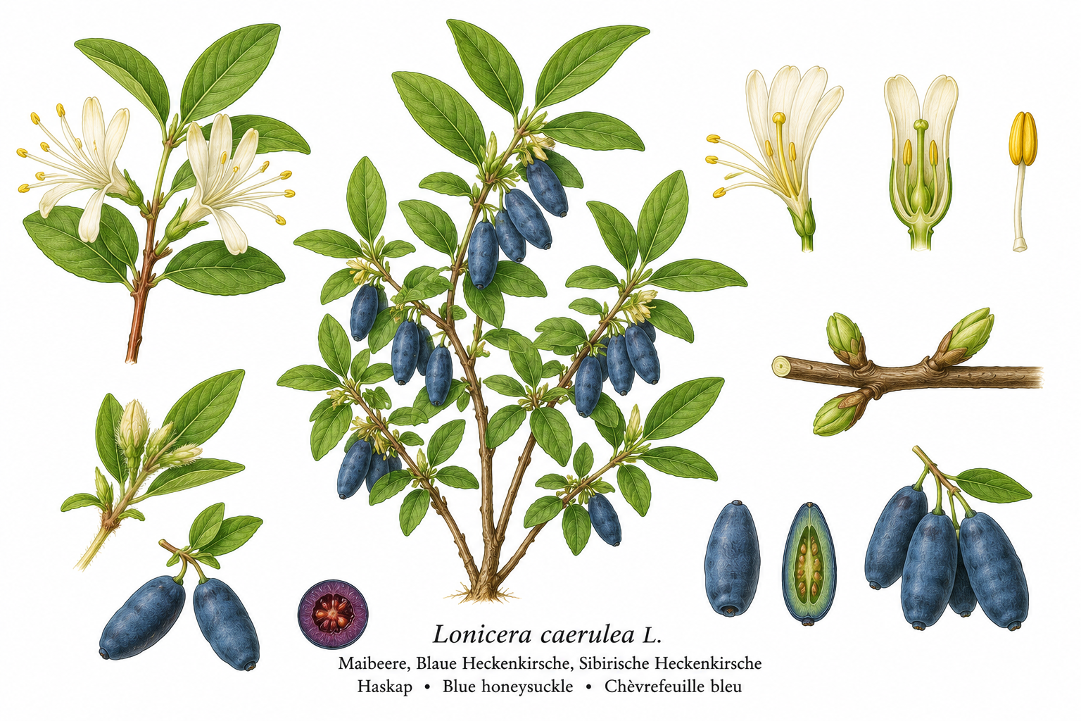 Honeyberry plant card: Fruit, Honeysuckle family, Harvest May, Jun