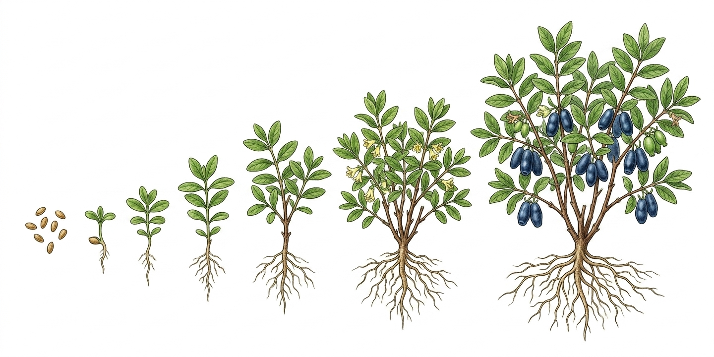 Anbau-Zeitplan für Maibeere (Lonicera caerulea) mit Monaten für Aussaat, Pflanzung, Pflege und Ernte