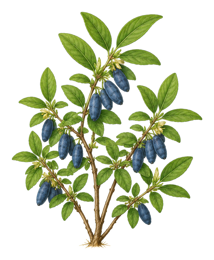 Honeyberry (Lonicera caerulea): whole plant for plant portrait - Berries, Honeysuckle family, Harvest May - June