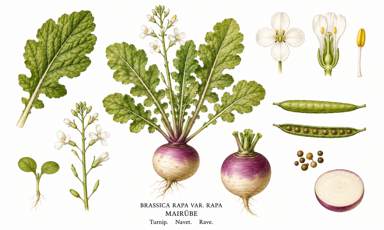 May turnip plant card: Vegetables, Mustard family, Harvest May, Jun, Jul, Aug, Sep, Oct