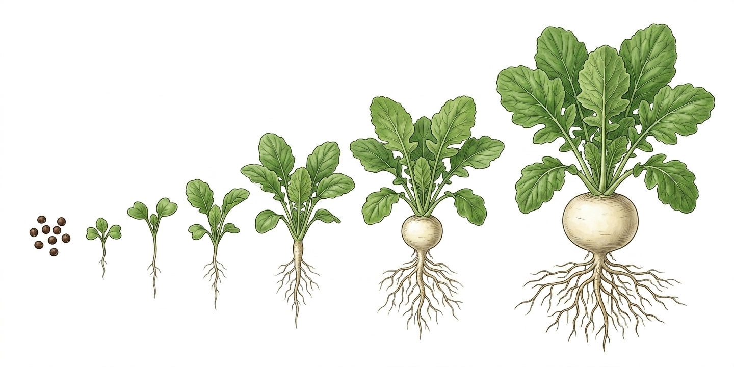Cultivation timeline for May turnip (Brassica rapa var. majalis) with sowing, planting, care, and harvest months