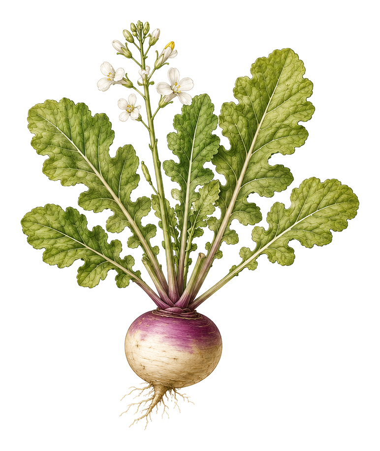 May turnip (Brassica rapa var. majalis): whole plant for plant portrait - Root vegetables, Mustard family, Harvest May