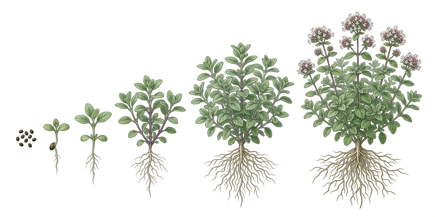 Anbau-Zeitplan für Majoran (Origanum majorana) mit Monaten für Aussaat, Pflanzung, Pflege und Ernte