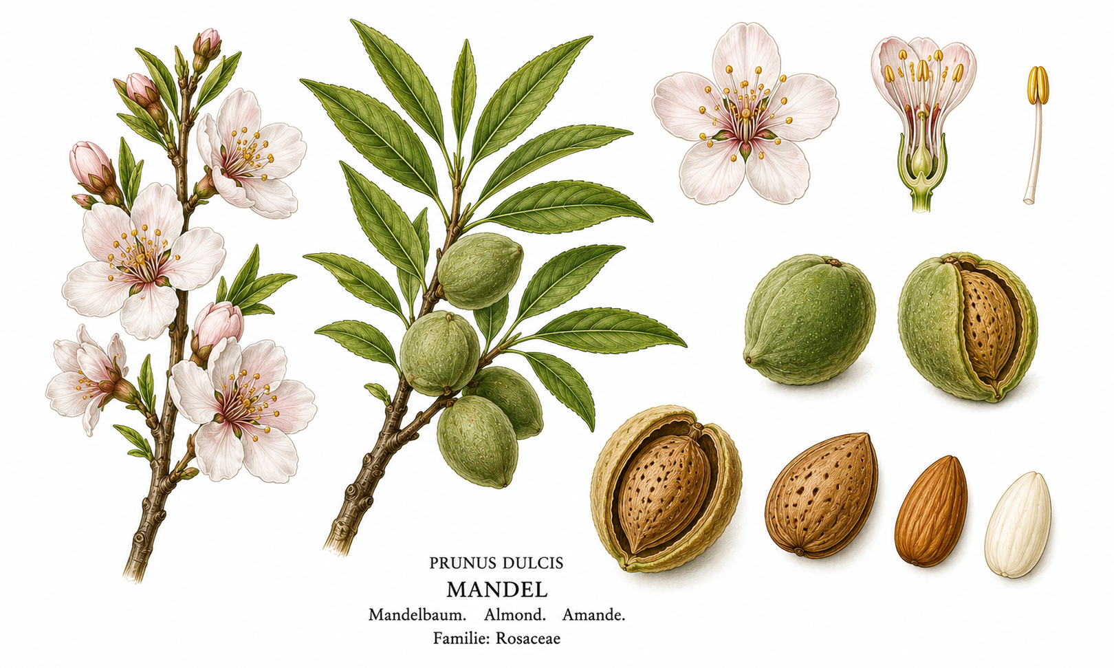 Almond plant card: Fruit, Rose family, Harvest Aug, Sep, Oct