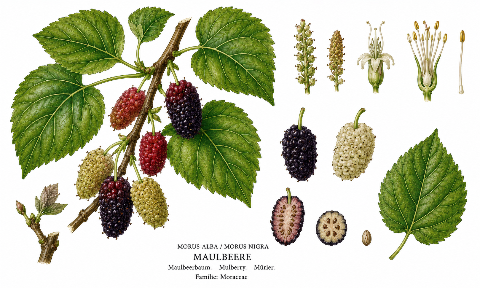 Mulberry (Morus): plant portrait for plant portrait - Fruit, Mulberry family, Harvest Jun, Jul, Aug, Sep