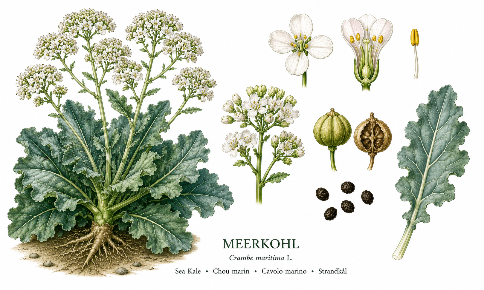 Meerkohl Pflanzenkarte: Gemüse, Kreuzblütengewächse, Ernten Apr, Mai, Jun, Jul, Aug, Sep, Okt