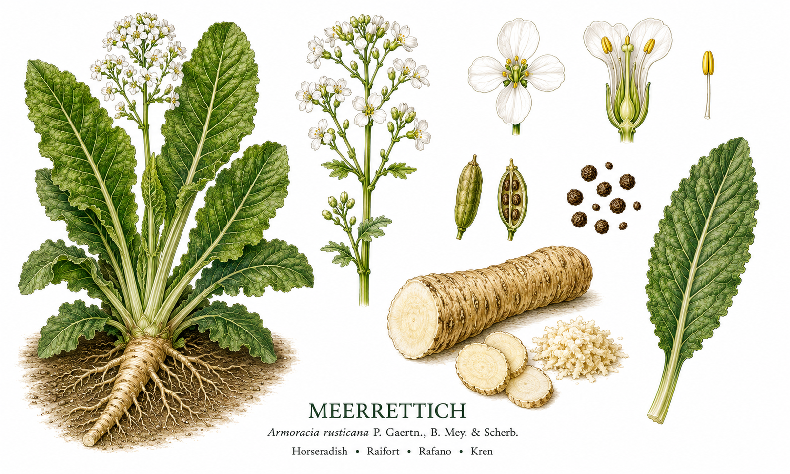 Horseradish plant card: Vegetables, Mustard family, Harvest Jan, Feb, Mar, Oct, Nov, Dec