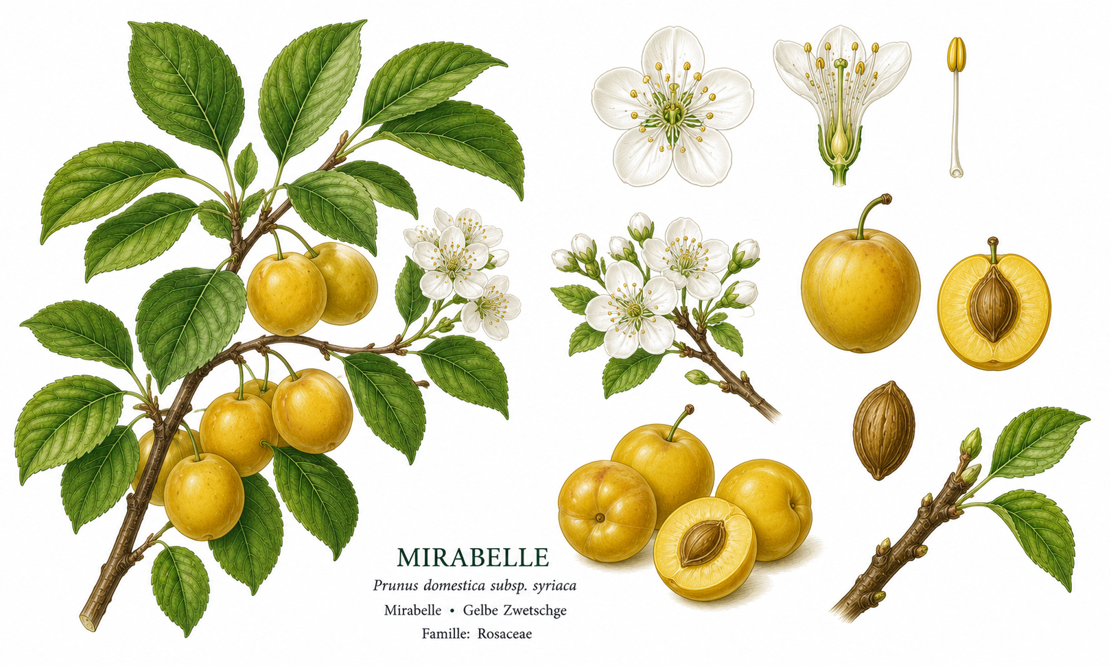 Mirabelle (Prunus domestica subsp. syriaca): Pflanzenportrait für Pflanzenportrait - Obst, Rosengewächse, Ernten Jul, Aug