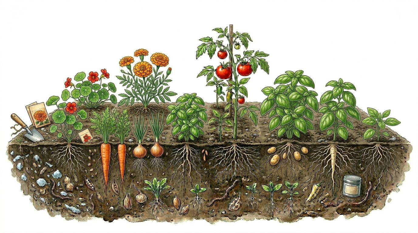 Botanical illustration of a cross-section garden bed featuring a tomato plant alongside its good companion plants including