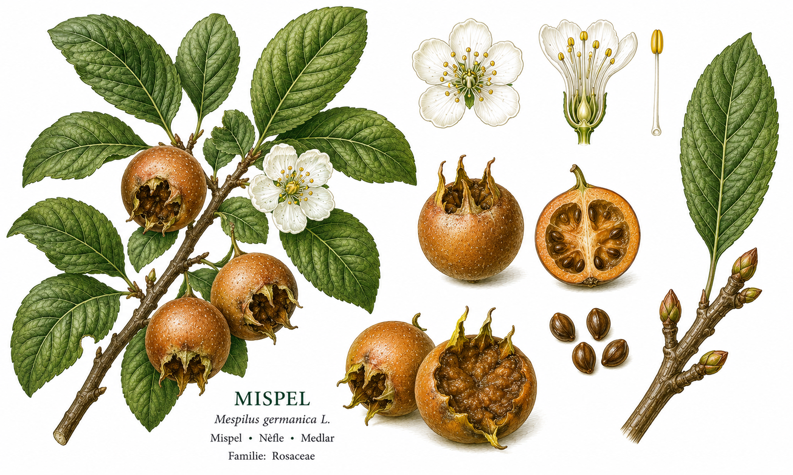 Medlar plant card: Fruit, Rose family, Harvest Oct, Nov