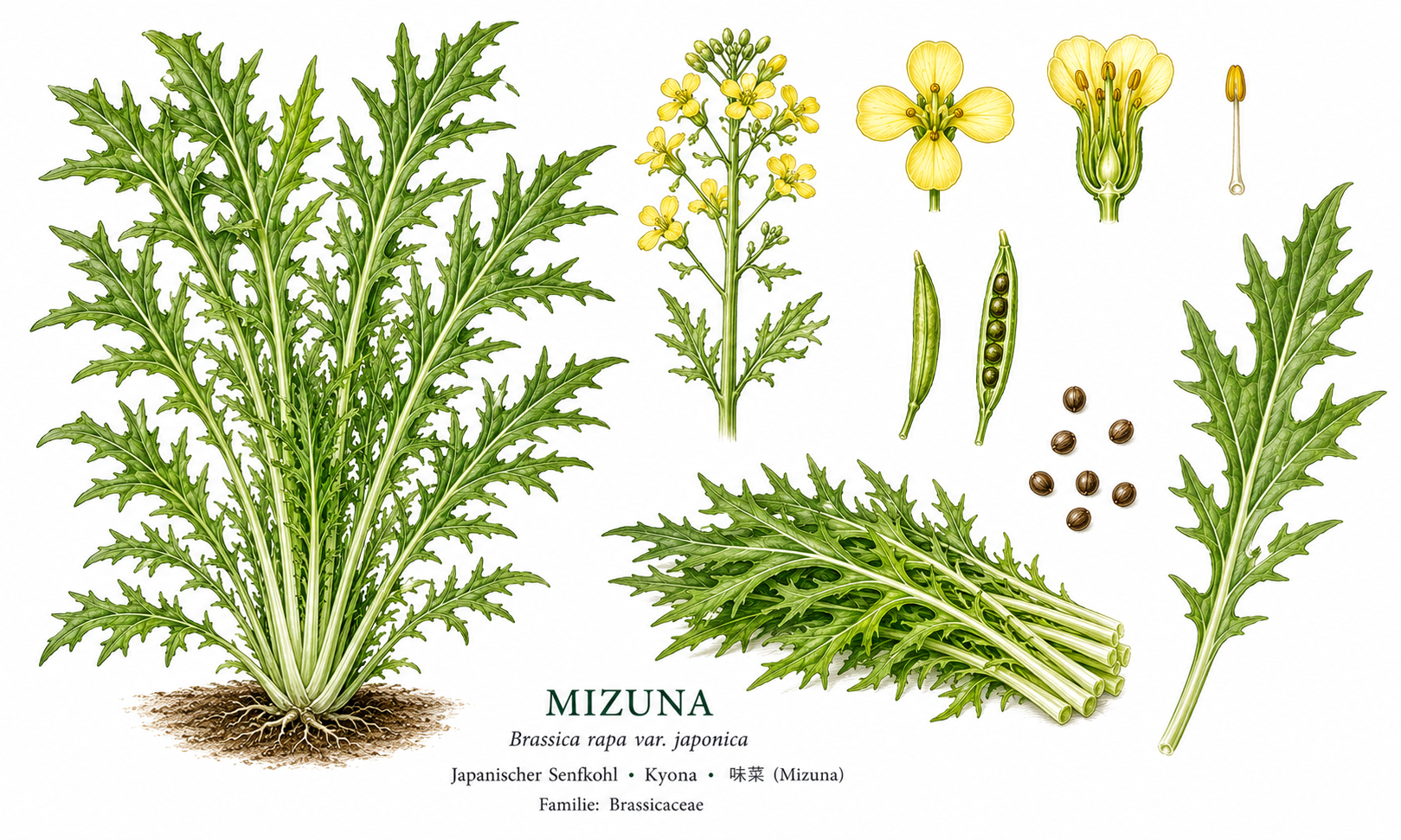 Mizuna plant card: Leafy vegetables, Mustard family, Sun to partial shade