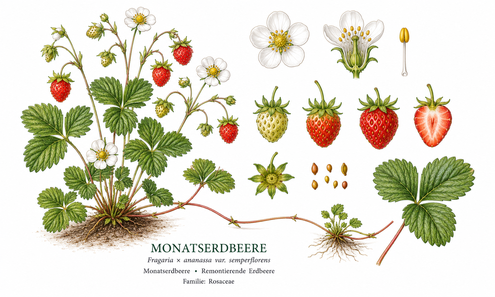 Wild Strawberry plant card: Fruit, Rose family, Full sun to partial shade