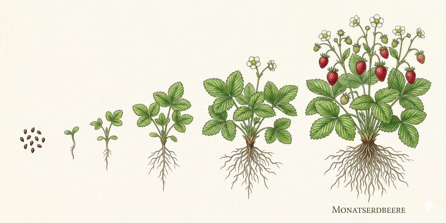 Cultivation timeline for Wild Strawberry (Fragaria vesca) with sowing, planting, care, and harvest months